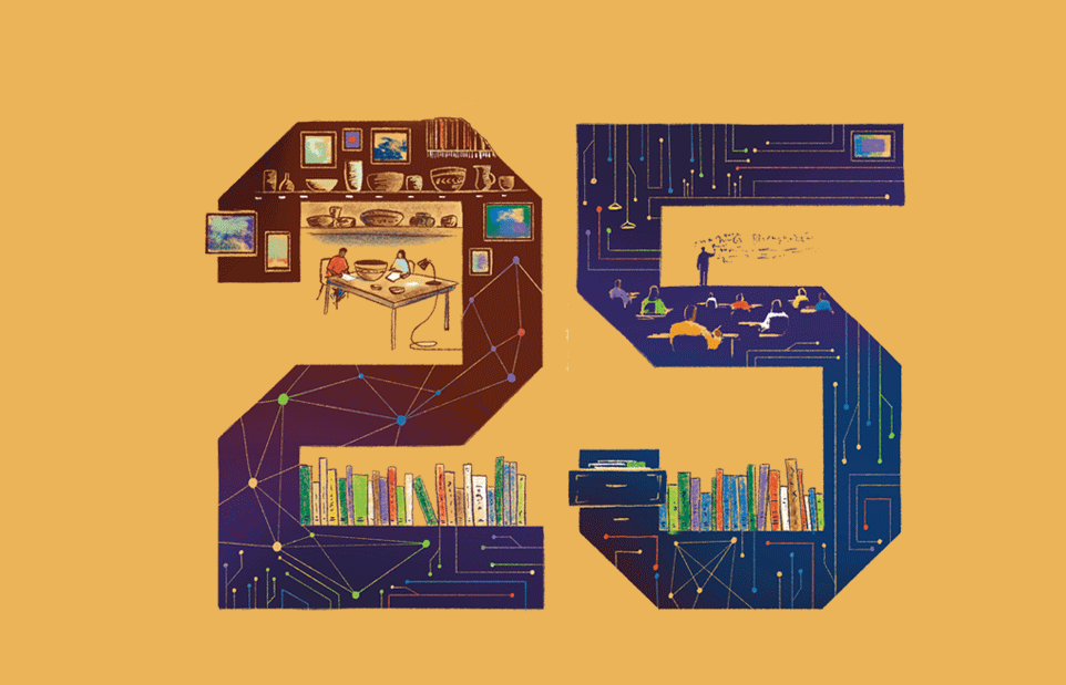 The number 25 in purple on a yellow background, with drawings of university life arranged around the numbers.