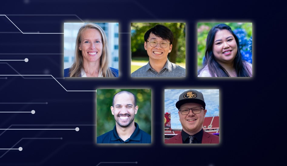Individual images of Kris Tomasovic Nelson, Alan Butler, Aaron Zhao, Godgiven Caelin Grogan, and Max Kahn against a purple background.